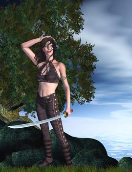 Warrior woman standing in fighting stance ready to fight with her sword