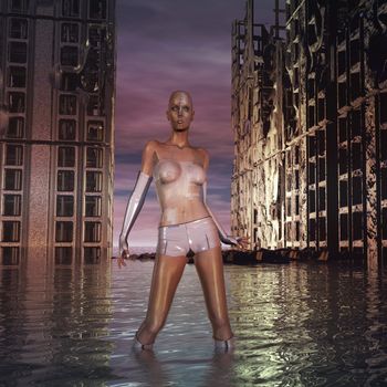 Sci Fi cyborg woman standing by a ruined city underwater