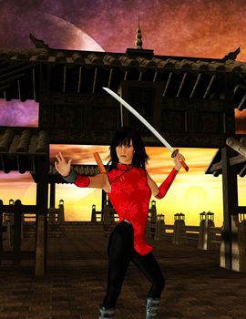 Warrior woman standing in fighting stance ready to fight with her sword
