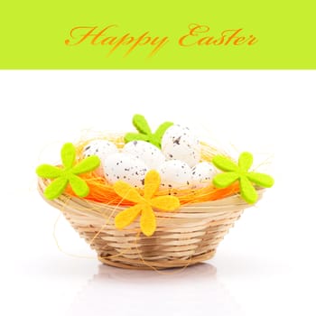 Easter eggs in basket isolated on white background (with space for text)