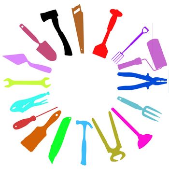 A circle of different coloured tools on a white background