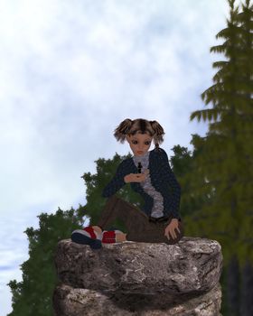 Young girl sitting on a rock talking to two pixies