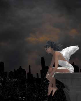 Angel sitting on a ledge overlooking the city