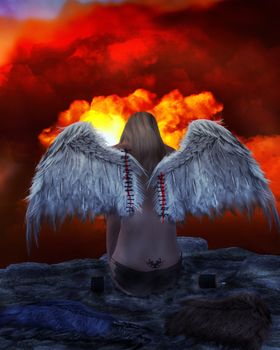 Angel sitting on a ledge overlooking red clouds