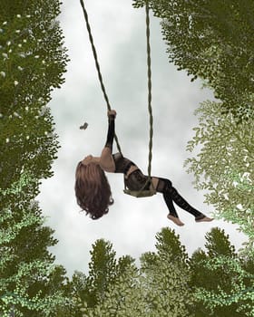 Woman on a swing in the middle of the forest