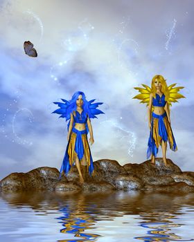 Two fairies standing on rocks in the middle of the ocean