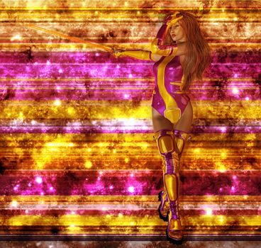 Bold dark auburn haired science fiction woman warrior with golden and fushia pink sci fi outfit holding a sword