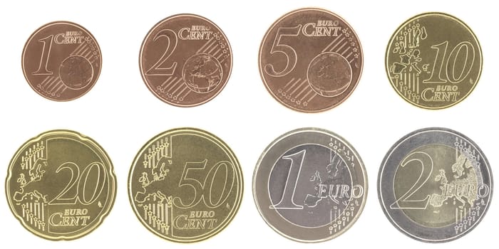 Uncirculated euro coins set with new map isolated in white