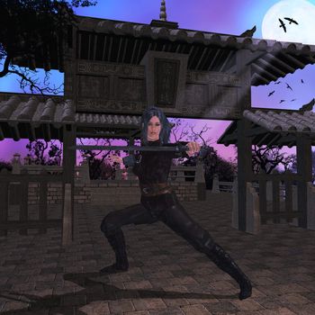 Female samurai assassin standing at an asian temple