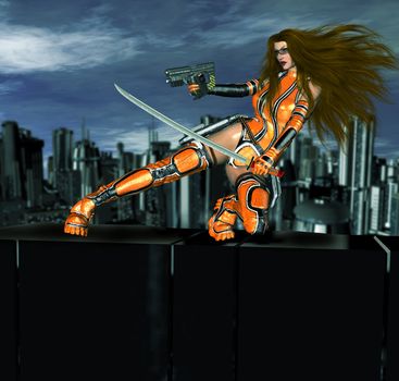 Female cyber girl with a gun and a sword on top of a ledge