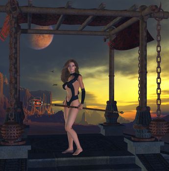 Female warrior standing on a stage with the sunset in the background