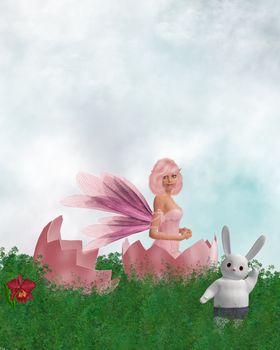 Fairy sitting in an cracked eggshell with a white rabbit waving