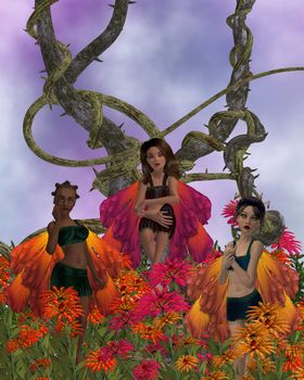 Three flower fairies sitting on a vine surrounded by flowers