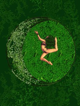 Woman dancing in green vines and plants