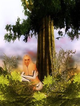 Science fiction dressed woman, bending down next to a tree.