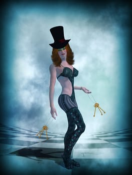 Woman wearing a top hat holding keys