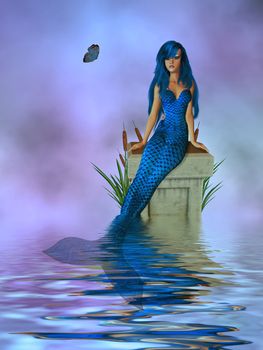 Mermaid sitting on a pedestal with cattails and butterfly