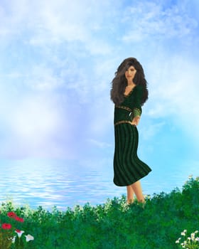 Woman standing on  grass offering a helping hand