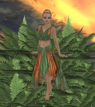 Fae standing on fern plants in the forest