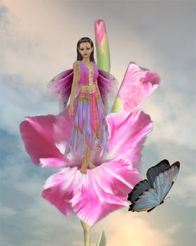 Fairy standing in a flower with a butterfly