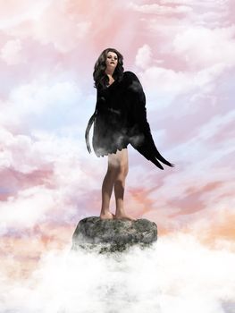 Angel standing on a rock in the clouds