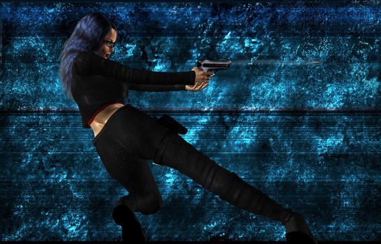 Science fiction woman standing and shooting a gun