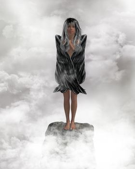 Angel standing on a rock with wings folded on a rock