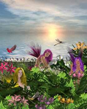 Fairies sitting and standing around flowers on the beach with bird and dragonfly