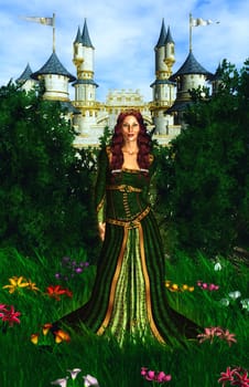 Princess wearing a green dress standing in front of a castle