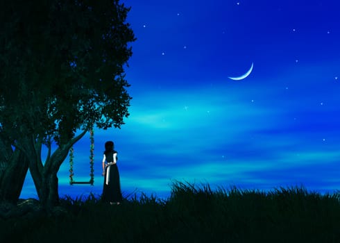 Female standing by a tree wishing upon a star