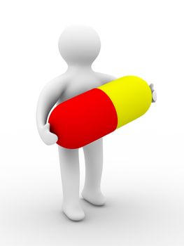 man with pill on white background. Isolated 3D image