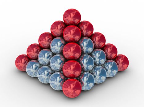Pyramid from metal spheres on a white background. 3D image