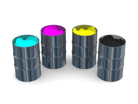 Paint CMYK in vats. Isolated 3D image