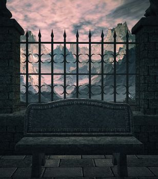 A bench outside gated mountains on a cobblestone paved street