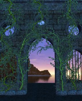 Sunset view overlooking the ocean through stone and vined walls.