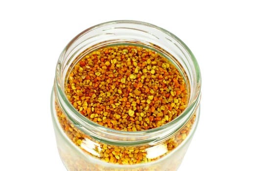 Bee pollen in glass jar isolated on white