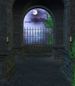 Inside the Mausoleum at night with candles, vines, fog looking out the window towards a castle
