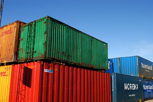 A stack of colorful cargo containers.