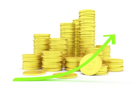 Coins and green arrow symbolizing growth in business, profit, sales, price of gold, dollar value...