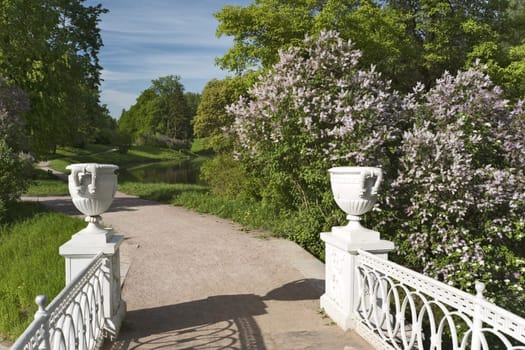 Bridge with vases and blossoming lilac in the park