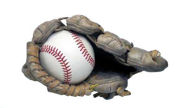 View of a hardball in the end of a baseball mitt
