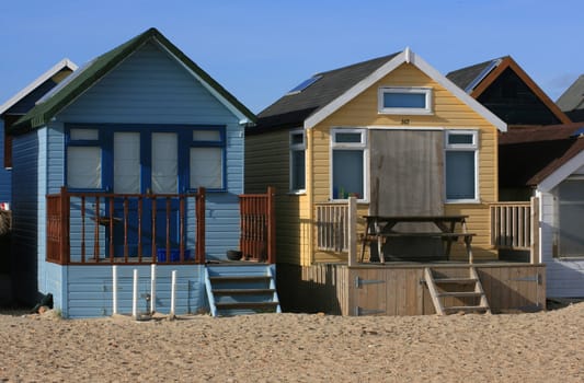 Beach Huts on the South Coast of England. Christchurch in Dorset, England.