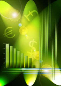 A green based abstract background with generic graph and money symbols. Stock market based.