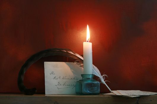 A Period set up of a feathered quill and hand written letter with envelope, set on a wooden mantle piece against a 'grunge' styled oil painted background. All elements recreated by myselfas the artist.
