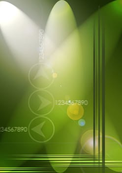 A green based abstract background with light direction and reflections.