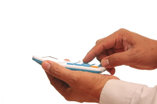 businessman using a calculatator isolated in white background.