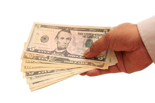 hand holding american dollar bills on white background