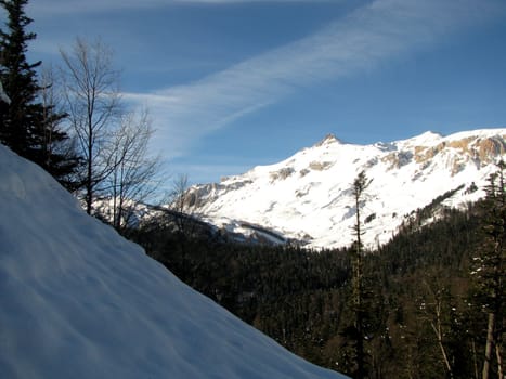 The main Caucasian ridge; rocks; a relief; a landscape; a hill; a panorama