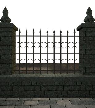 Metal fence with stone pillars on a white background