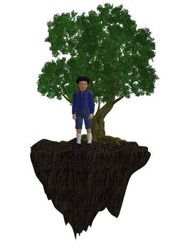 Boy standing next to a tree on a white background